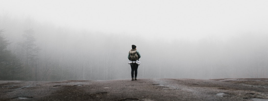 Lone woman facing foggy forest